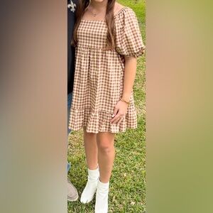 Brown and tan gingham puff sleeve boutique dress